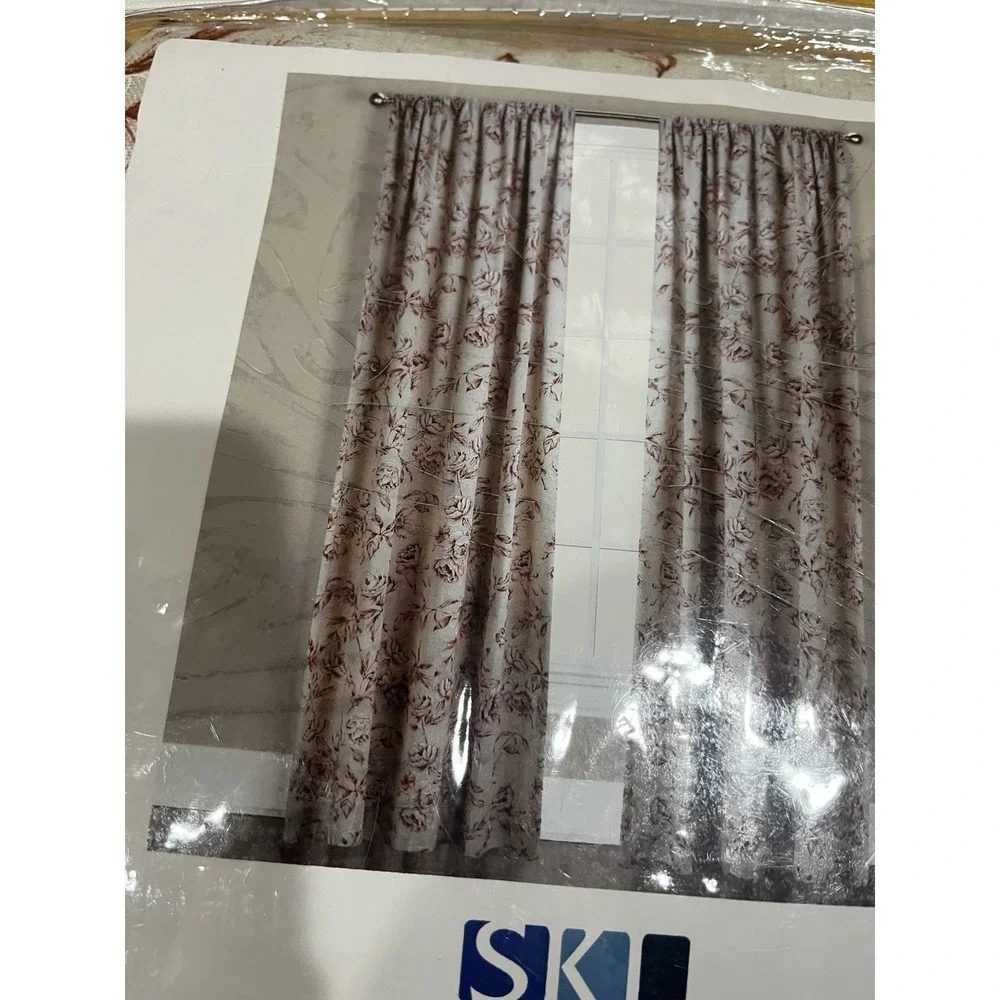 SKL Camellia Red Beige‎ Floral Linen Curtain Panels 54x63